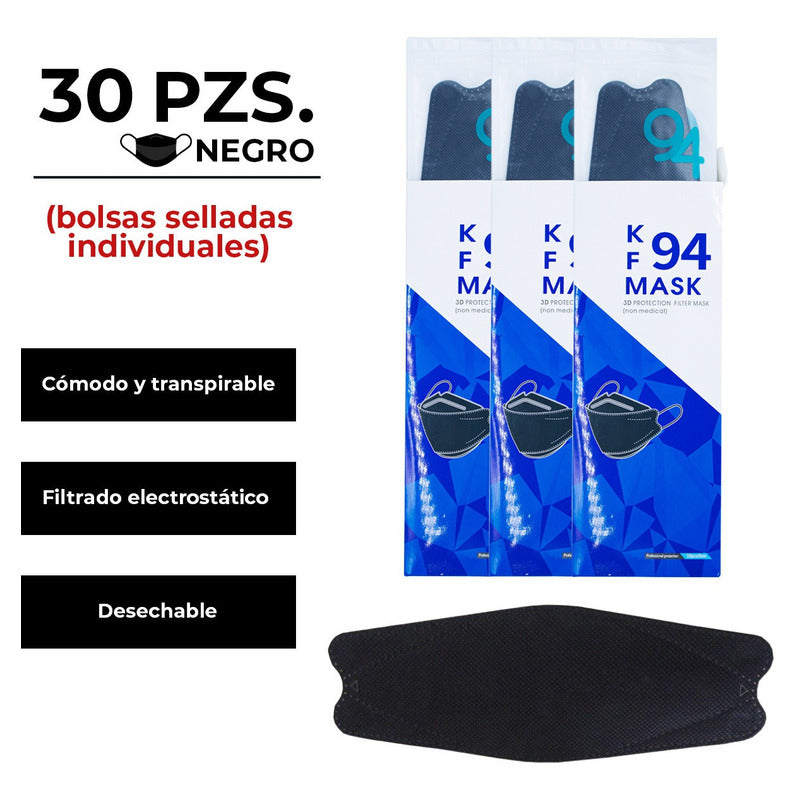 30pz Mascarilla Cubrebocas Negro Kf94 Bolsa Individ C/10 Pzs U