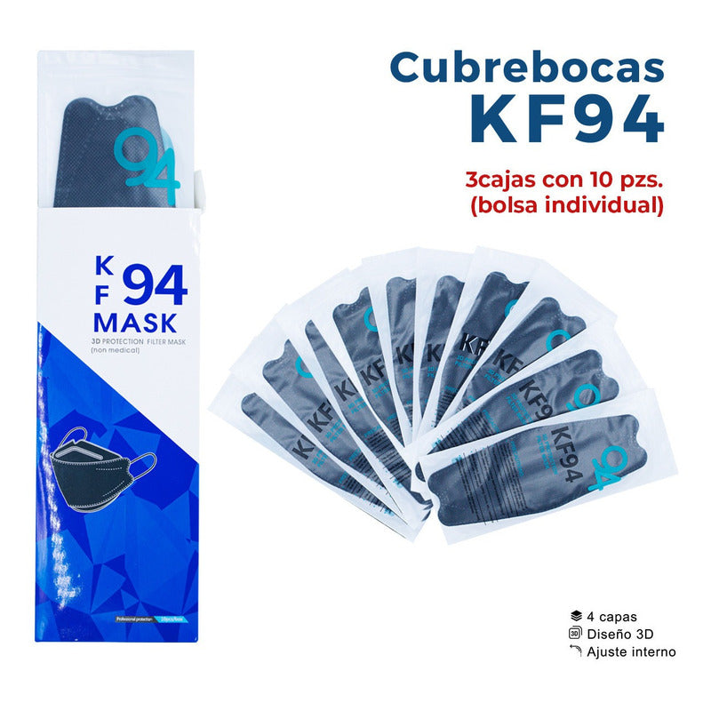 30pz Mascarilla Cubrebocas Negro Kf94 Bolsa Individ C/10 Pzs U