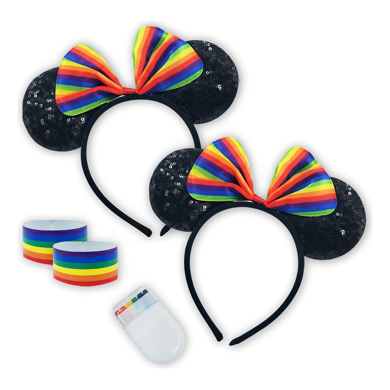Diademas Orejas Raton Mini Mouse Pride + Pulsera Orgullo 2pz Color Negro