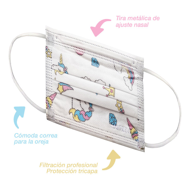 100pz Cubrebocas Tricapa Infantil Niña Mayfield Unicornio Unicornio