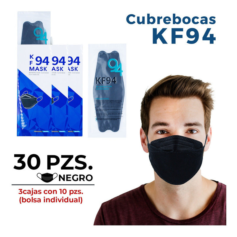 30pz Mascarilla Cubrebocas Negro Kf94 Bolsa Individ C/10 Pzs U
