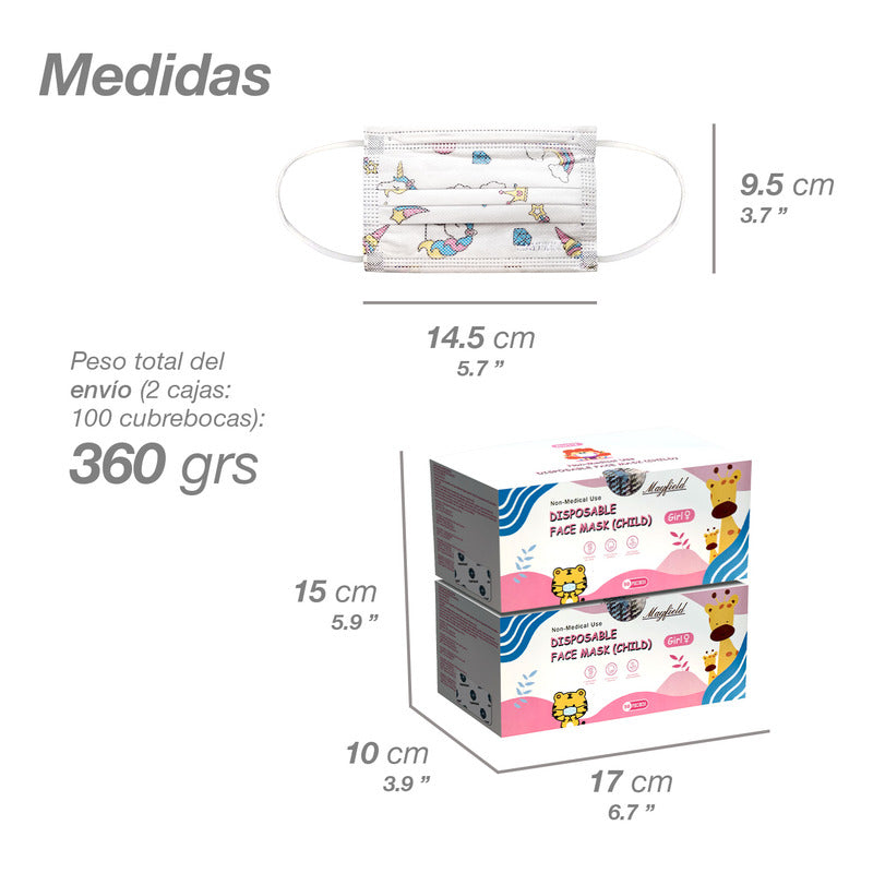 100pz Cubrebocas Tricapa Infantil Niña Mayfield Unicornio Unicornio