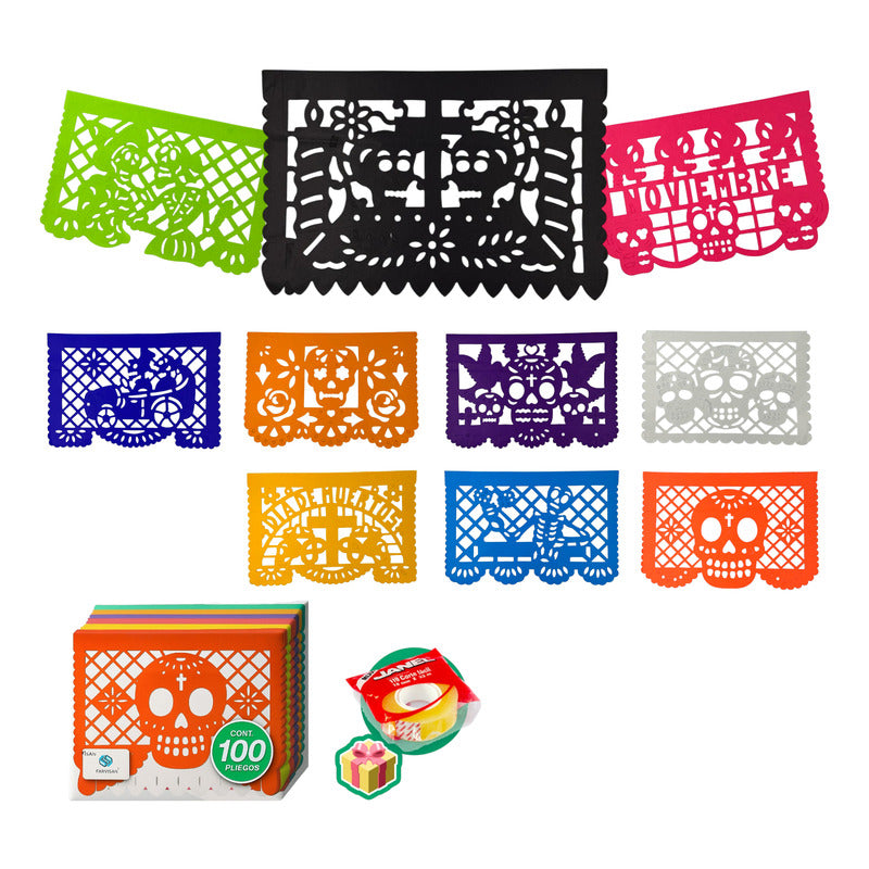 100 Pz Papel Picado Dia De Muertos Mexicano Ofrenda  36x48cm Multicolores 24 X 36 Cm